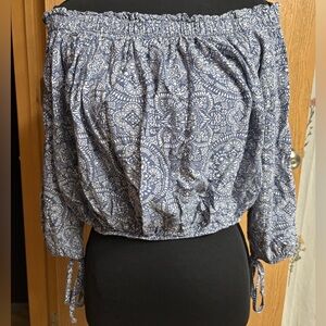 Elegant Blue Paisley Off-Shoulder Blouse